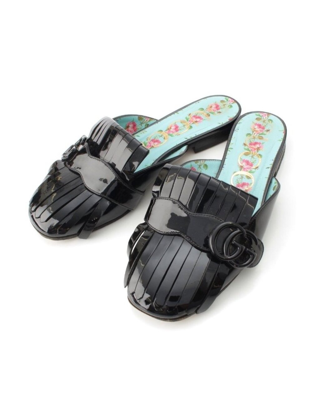 Gucci GG Marmont Patent Fringe Mules Shoes Black